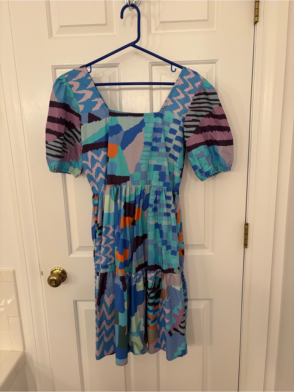 Abstract Multi-Color Puff Sleeve Midi Dress